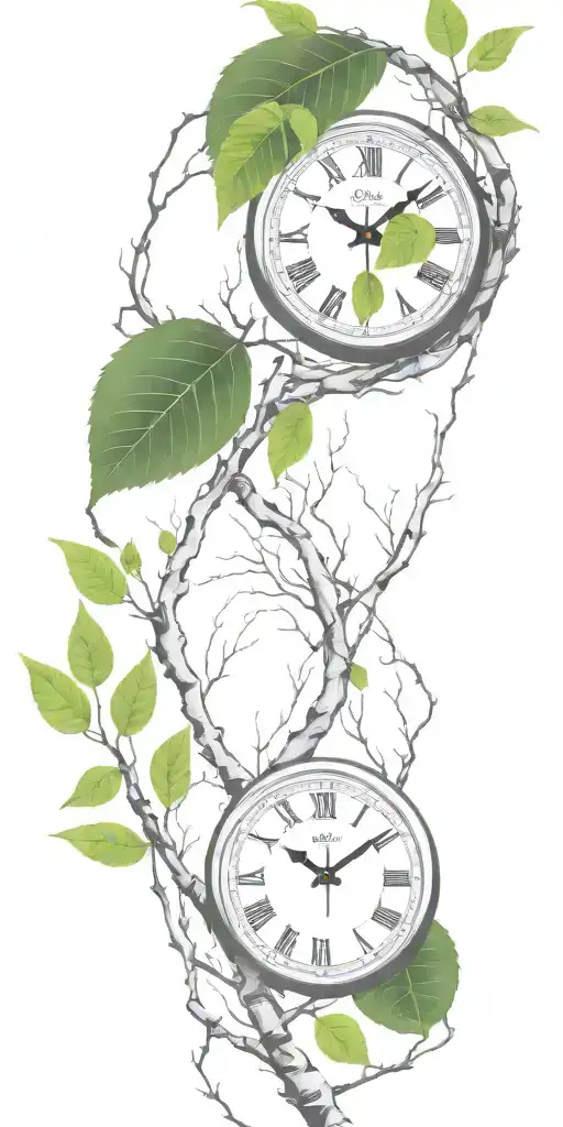 Birch Tree Branches And Green Leaves With Only 3 Clocks Integrated Into It For An Arm Sleeve