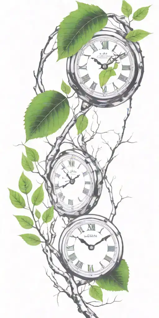 Birch Tree Branches And Green Leaves With Only 3 Clocks Integrated Into It For An Arm Sleeve