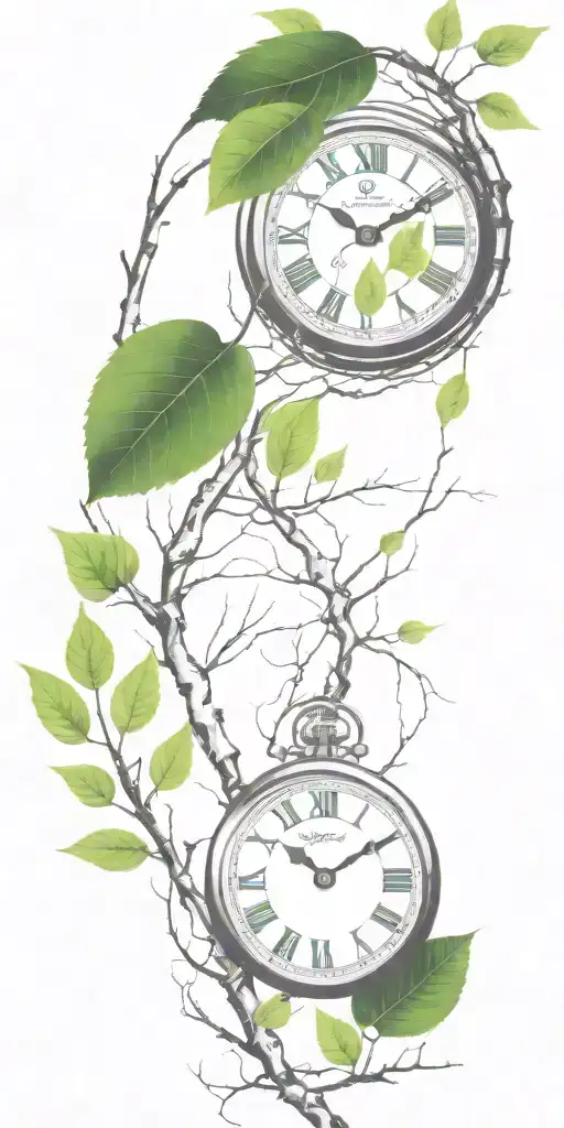 Birch Tree Branches And Green Leaves With Only 3 Clocks Integrated Into It For An Arm Sleeve