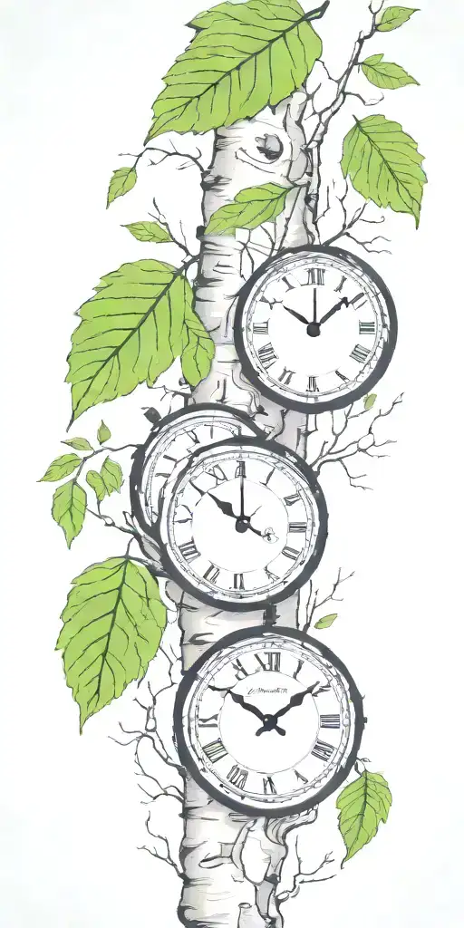 Birch Tree Branches And Green Leaves With Only 3 Clocks Integrated Into It For An Arm Sleeve