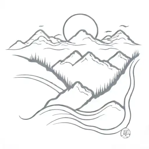 A Minimalist Tattoo Of A Sun Rising Over A Mountain Peak With A Flowing Stream Below