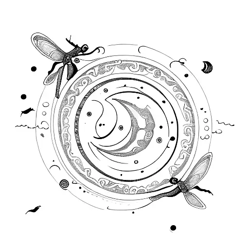 A Trail Of Dragonflies Flying Around A Celestial Moon