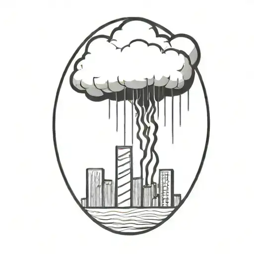 An Abstract Nuclear Explosion Mushroom Cloud Destroying A City In An Abstract Black Line Frame