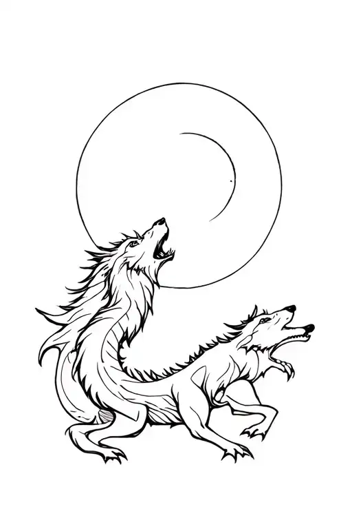 Dragon And Wolf Howling At The Moon