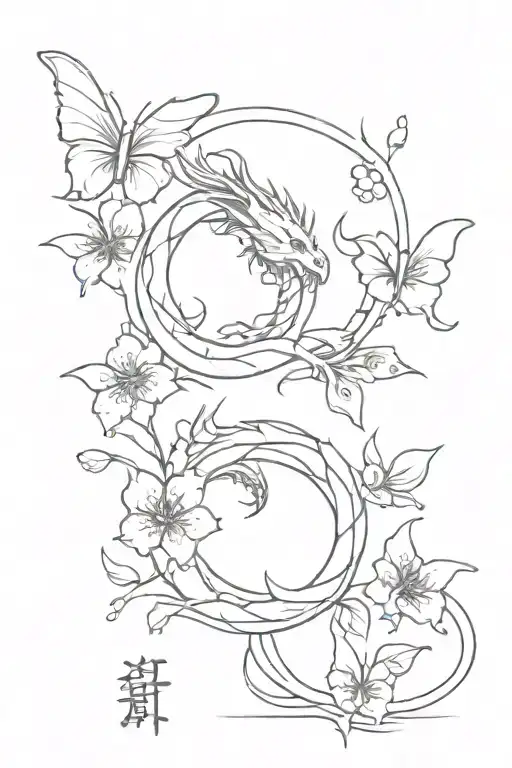 Dragon With 3 Cherry Blossom And Butterflies