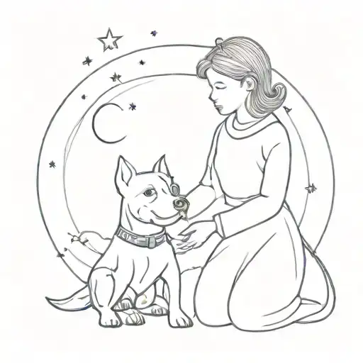 Girl And Dog American Bully In The Style Of The Little Prince