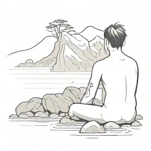 Japanese Onsen With A Guy From The Back Sitting On The Rock