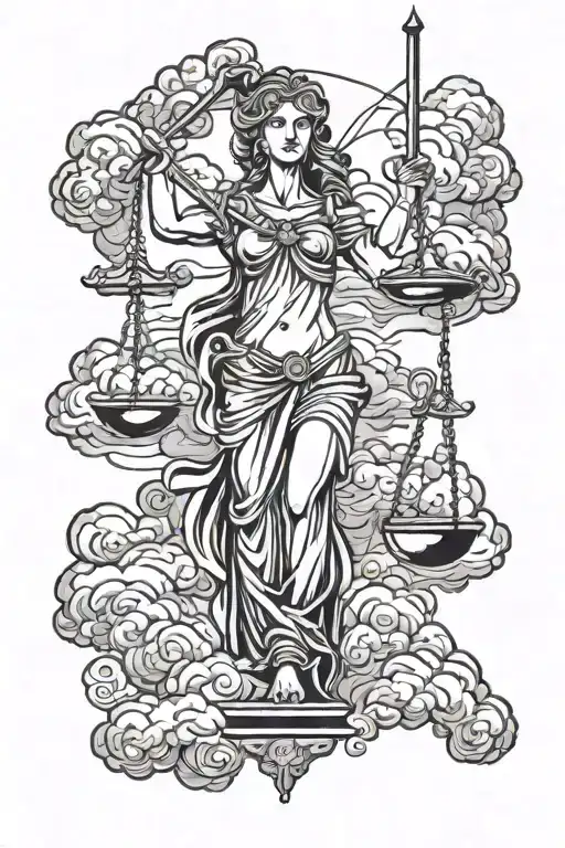 Lady Justice With Sword And Scale With Clouds Behind