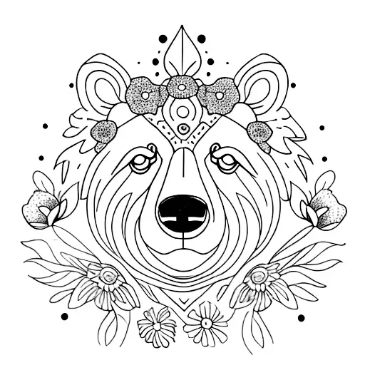 A Dotwork Tattoo Of A Bear Surrounded By Butterflies And Flowers