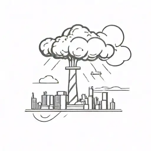 A Nuclear Explosion Mushroom Cloud Destroying A City Using Bold Black Lines And Geometric Shapes