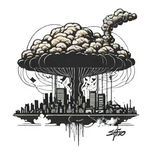 A Nuclear Explosion Mushroom Cloud Destroying A City Using Bold Black Lines And Geometric Shapes