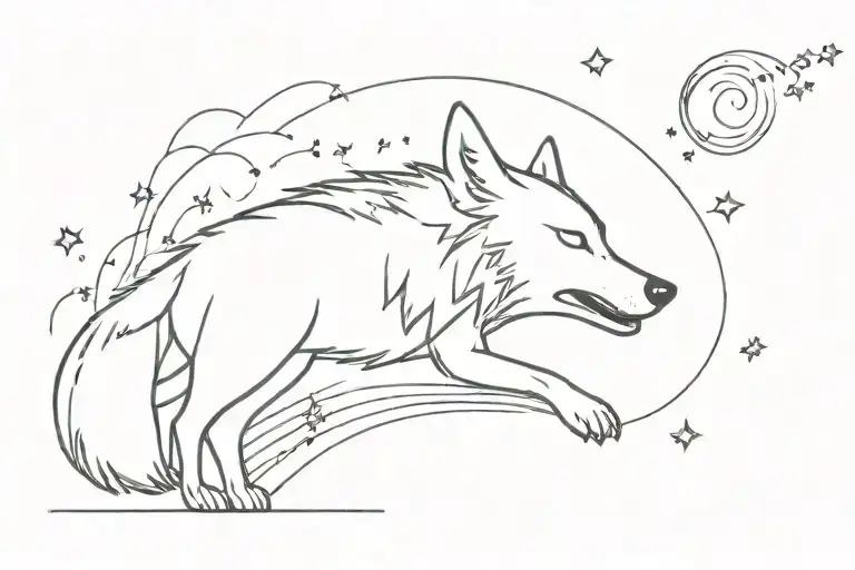 A Minimalist Tattoo Design Of A Wolf Howling At The Moon With Musical Notes Floating Around It