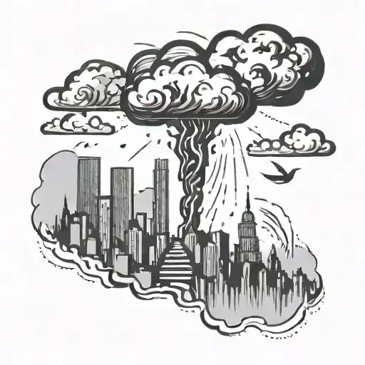 A Nuclear Explosion Mushroom Cloud Destroying A City Using Bold Black Lines And Geometric Shapes