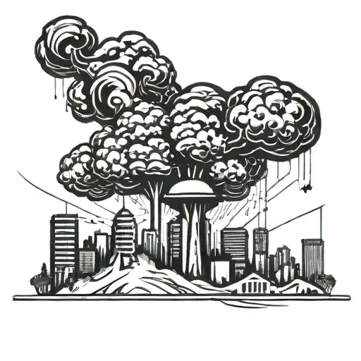 A Nuclear Explosion Mushroom Cloud Destroying A City Using Bold Black Lines And Geometric Shapes