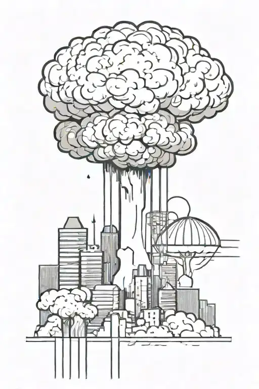 A Nuclear Explosion Mushroom Cloud Destroying A City Using Bold Black Lines And Geometric Shapes