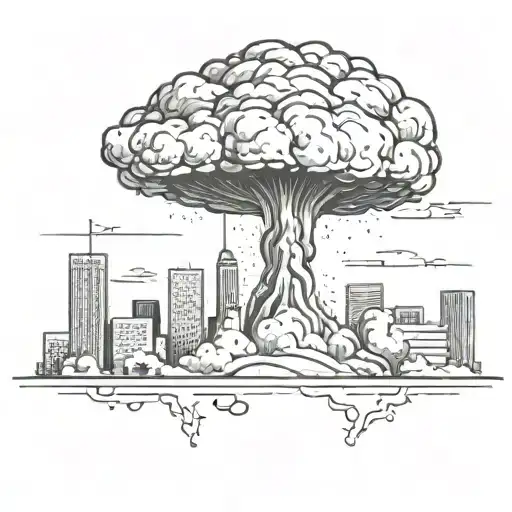 A Nuclear Explosion Mushroom Cloud Destroying A City Simple Minimalist Drawing