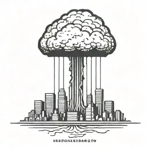 An Abstract Nuclear Explosion Mushroom Cloud Destroying A Major City In An Abstract Black Line Frame