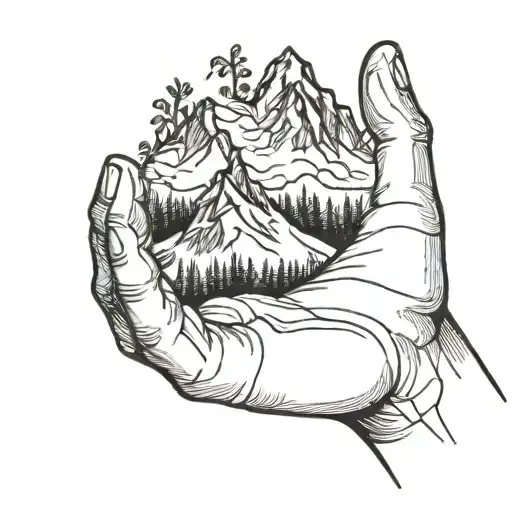 A Simple Black Line Drawing Of A Mountain In The Palm Of A Hand