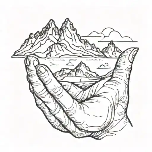 A Simple Black Line Drawing Of A Mountain Being Held In The Palm Of A Human Hand