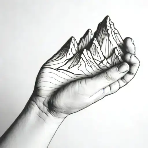 A Simple Black Line Drawing Of A Mountain Being Held In The Palm Of A Human Hand