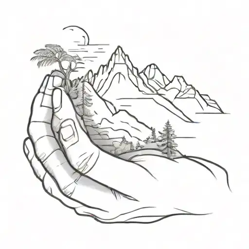 A Simple Minimalist Drawing Of A Mountain Being Cradled In The Palm Of A Human Hand