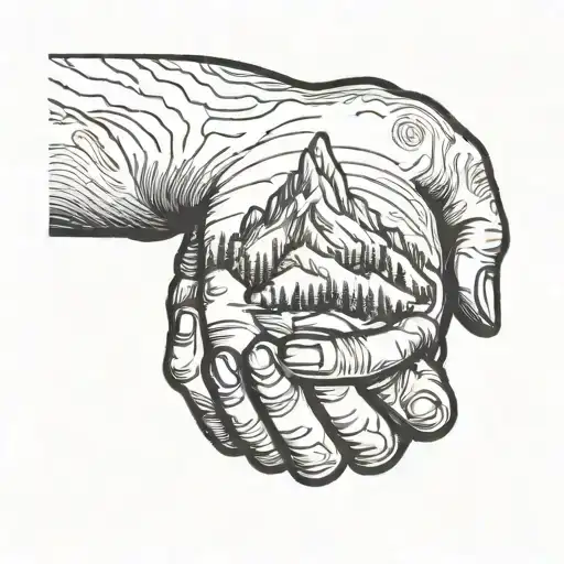 A Simple Minimalist Drawing Of A Mountain Being Cradled In The Palm Of A Human Hand
