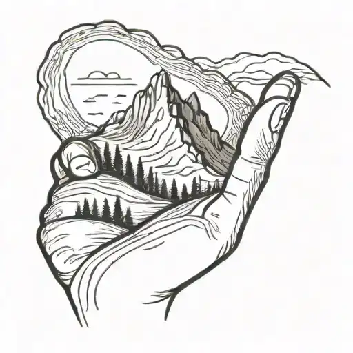 A Simple Minimalist Drawing Of A Mountain Being Cradled In The Palm Of A Human Hand
