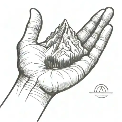 A Simple Minimalist Drawing Of A Mountain Being Cradled In The Palm Of A Human Hand