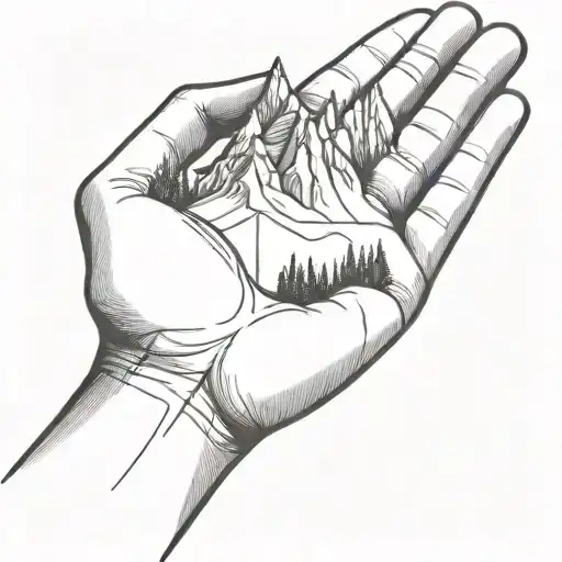 A Simple Minimalist Drawing Of A Mountain Being Cradled In The Palm Of A Human Hand