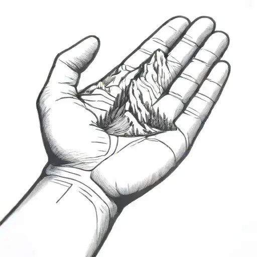A Simple Minimalist Drawing Of A Large Mountain Being Cradled In The Palm Of A Human Hand