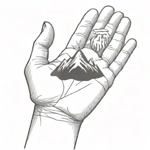 A Simple Minimalist Drawing Of A Large Mountain Being Cradled In The Palm Of A Human Hand