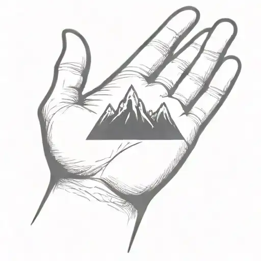 A Simple Minimalist Drawing Of A Large Mountain Being Cradled In The Palm Of A Human Hand