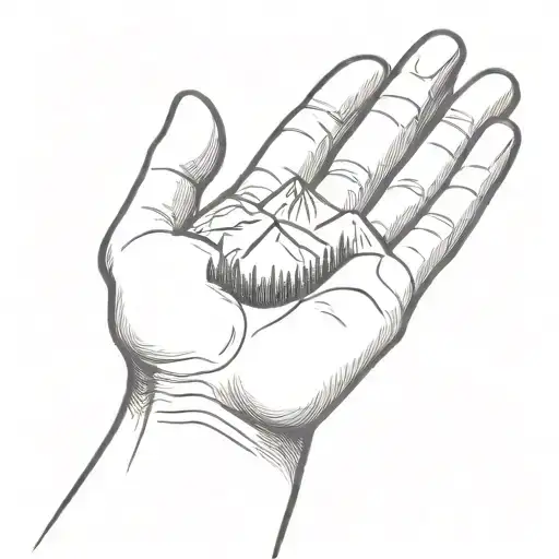 A Simple Minimalist Drawing Of A Large Mountain Being Cradled In The Palm Of A Human Hand