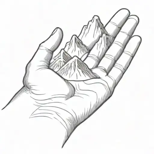 A Simple Minimalist Drawing Of A Large Mountain Being Cradled In The Palm Of A Human Hand