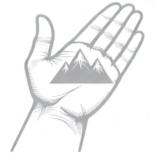 A Simple Minimalist Drawing Of A Large Mountain Being Cradled In The Palm Of A Human Hand