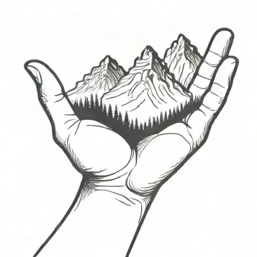 A Simple Minimalist Drawing Of A Large Mountain Being Cradled In The Palm Of A Human Hand