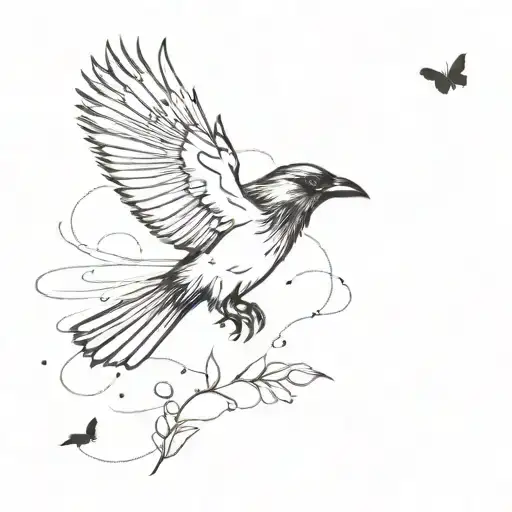 The Crow Chasing The Butterfly Flying