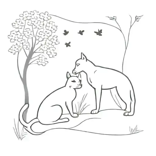 A Minimalist Design Of A Cat And Dog Sharing A Moment Of Friendship In A Beautiful Garden Setting