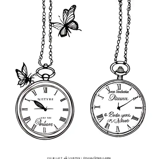 Fine Line Tattoo Two Pocket Watches Withe Names And A Butterfly And Bee