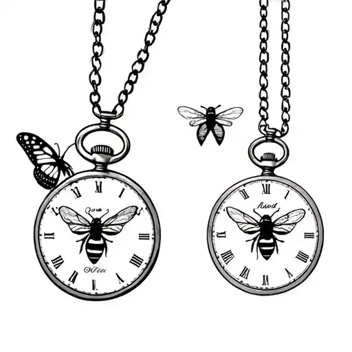 Fine Line Tattoo Two Pocket Watches Withe Names And A Butterfly And Bee