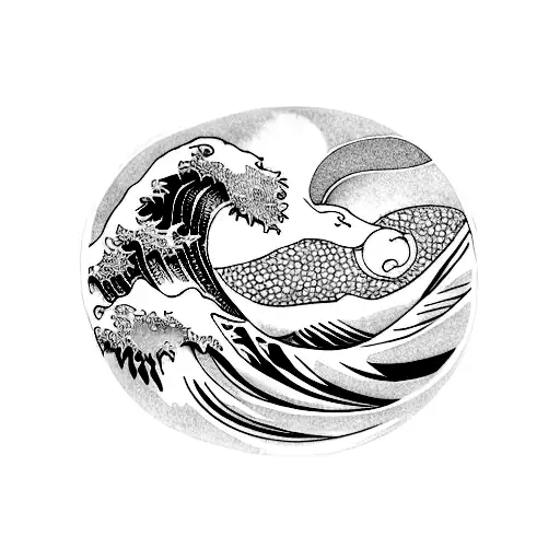 A Blackwork Tattoo Of A Wave With The Sun In The Background