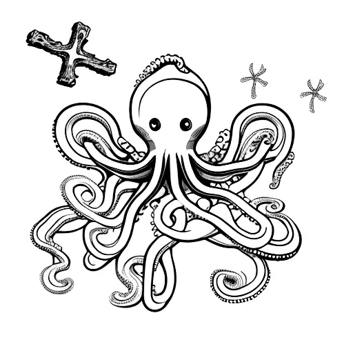 A Beach Scene With An Octopus Holding A Cross Made Of Seashells