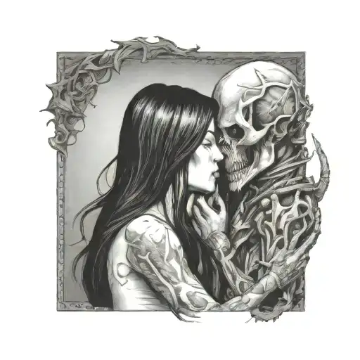 Diablo And Gentlegirl With Straight Hair Kissing Each Other With Doablo's Hand On Girl's Neck