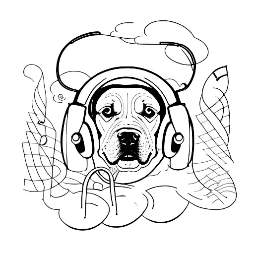 A Minimalist Tattoo Of A Dog Wearing Headphones And Surrounded By Musical Waves