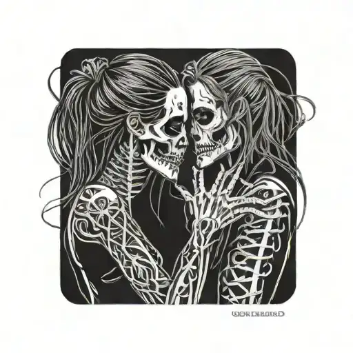 Diablo Skull And Gentlegirl With Straight Hair Kissing Each Other Diablo's Hand On The Girl's Neck