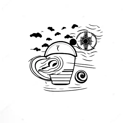 A Minimalist Tattoo Of A Beach Sunset With A Coffee Cup And A Plane Flying Overhead