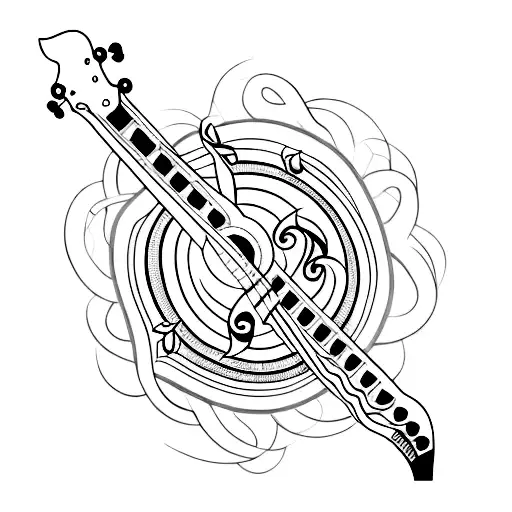 A Detailed Blackwork Tattoo Of A Guitar With Intricate Musical Notes Flowing From It