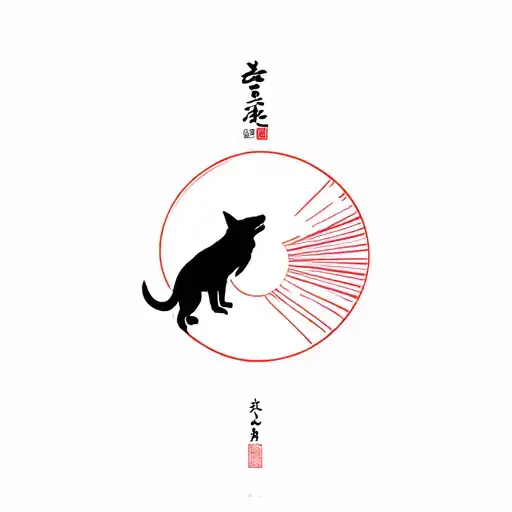 A Minimalist Tattoo Of A Red Japanese Rising Sun With A Silhouette Of A Canine Howling