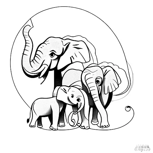 Single Line Drawing Of Three Female Elephants