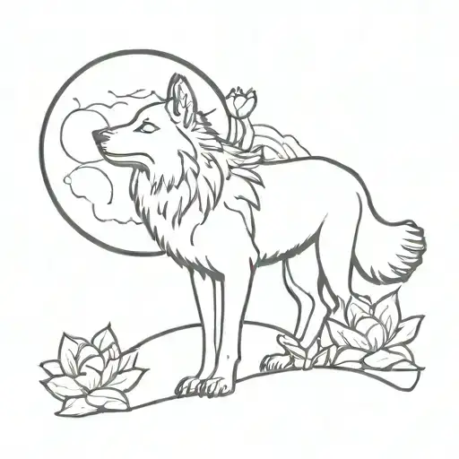 Wolf With Moon And Lotus Flower